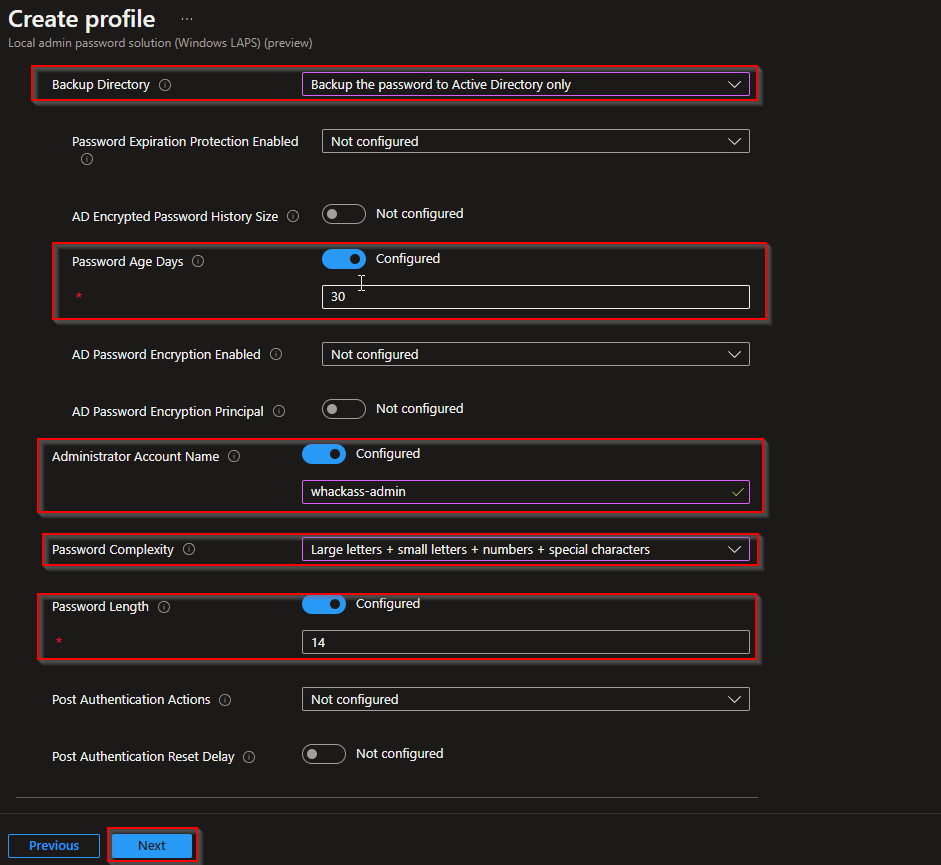 LAPS policy configuration – backup, age, account name, complexity